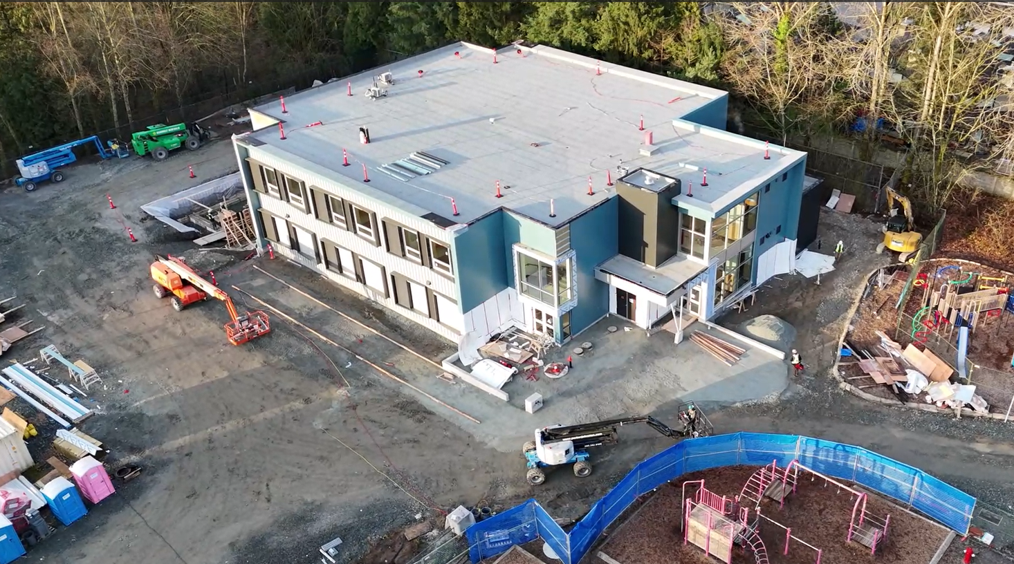 Ariel image of site 152 Walnut Road Elementary School prefabricated addition at 89% construction.