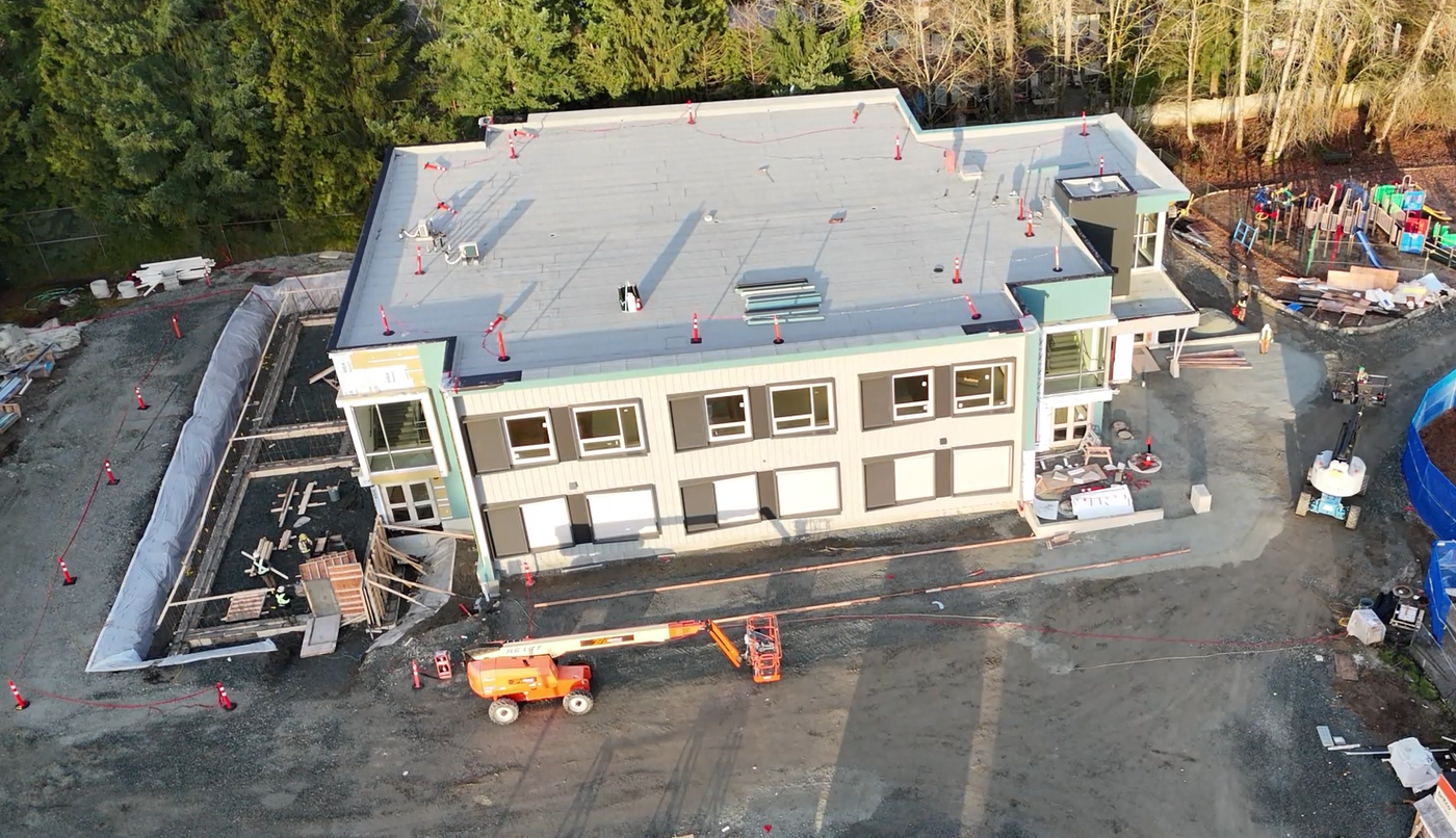 Ariel image of site 152 Walnut Road Elementary School prefabricated addition at 89% construction.