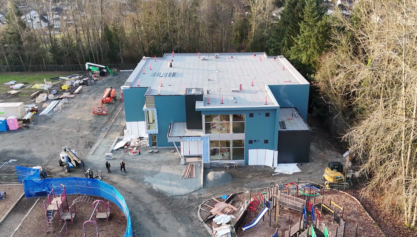 Ariel image of site 152 Walnut Road Elementary School prefabricated addition at 89% construction.