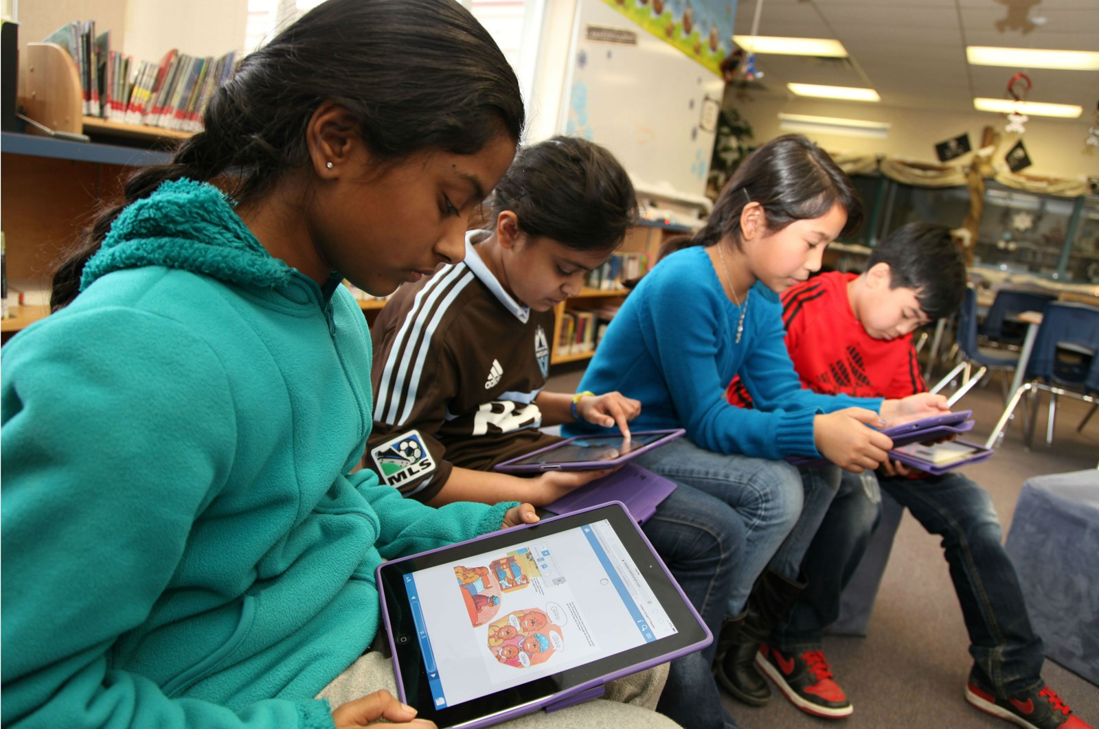 students at library