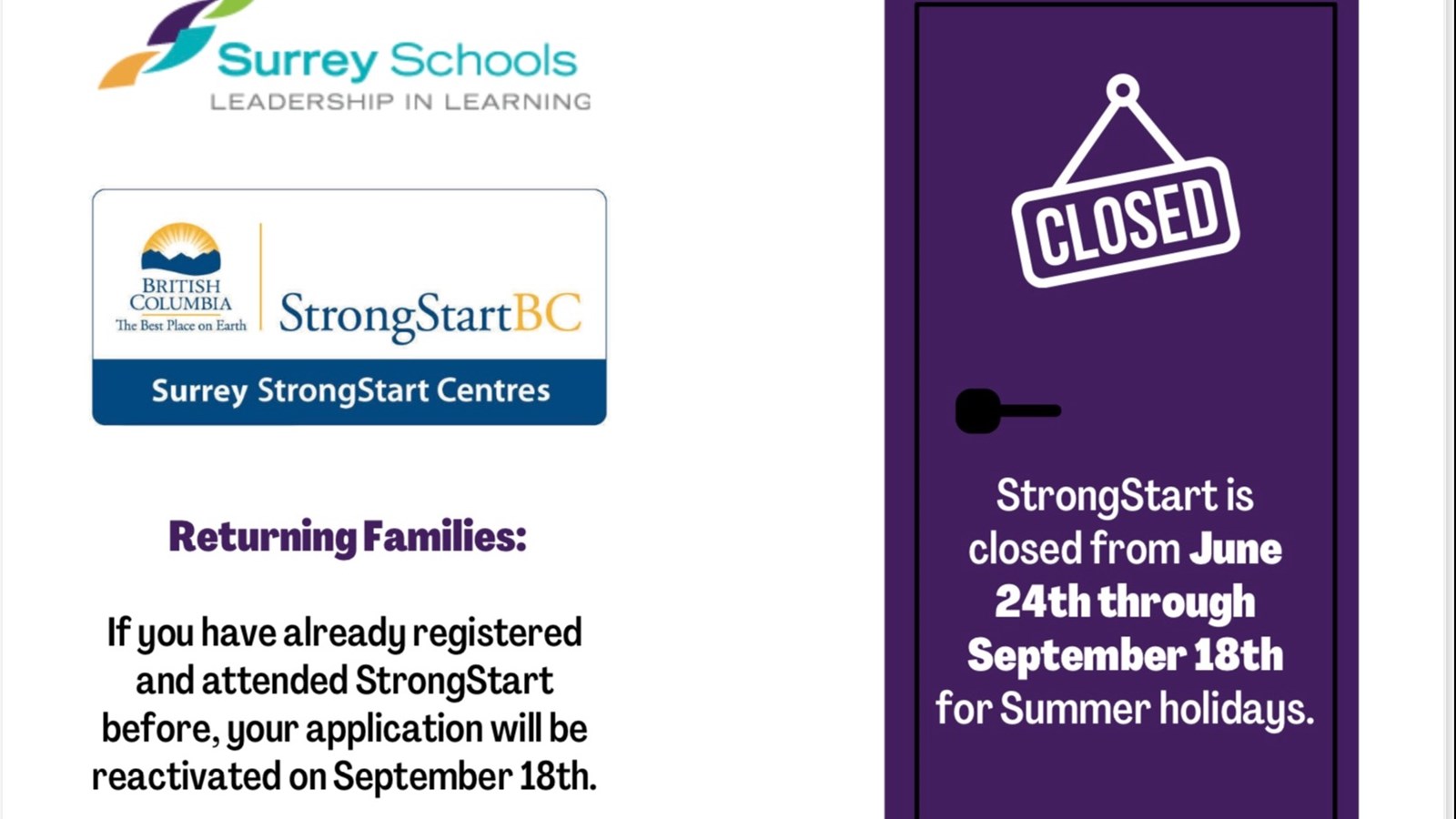 StrongStart is closed from June 24th through September 18th for