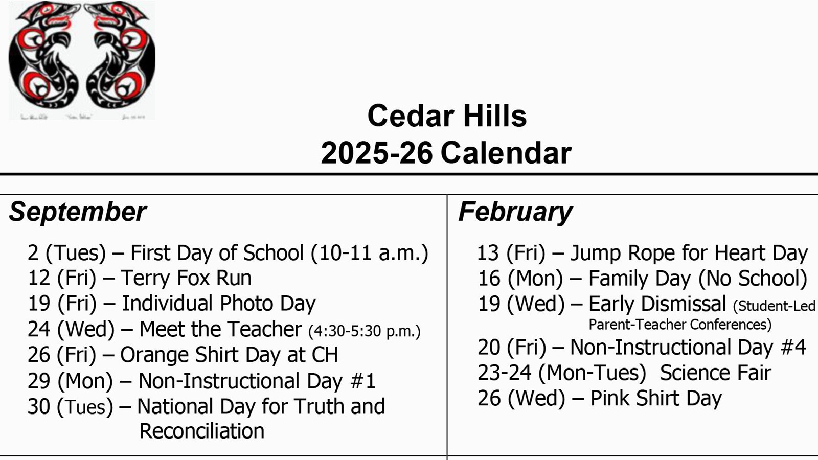 Cedar Hills 2025-2026 School Year Calendar