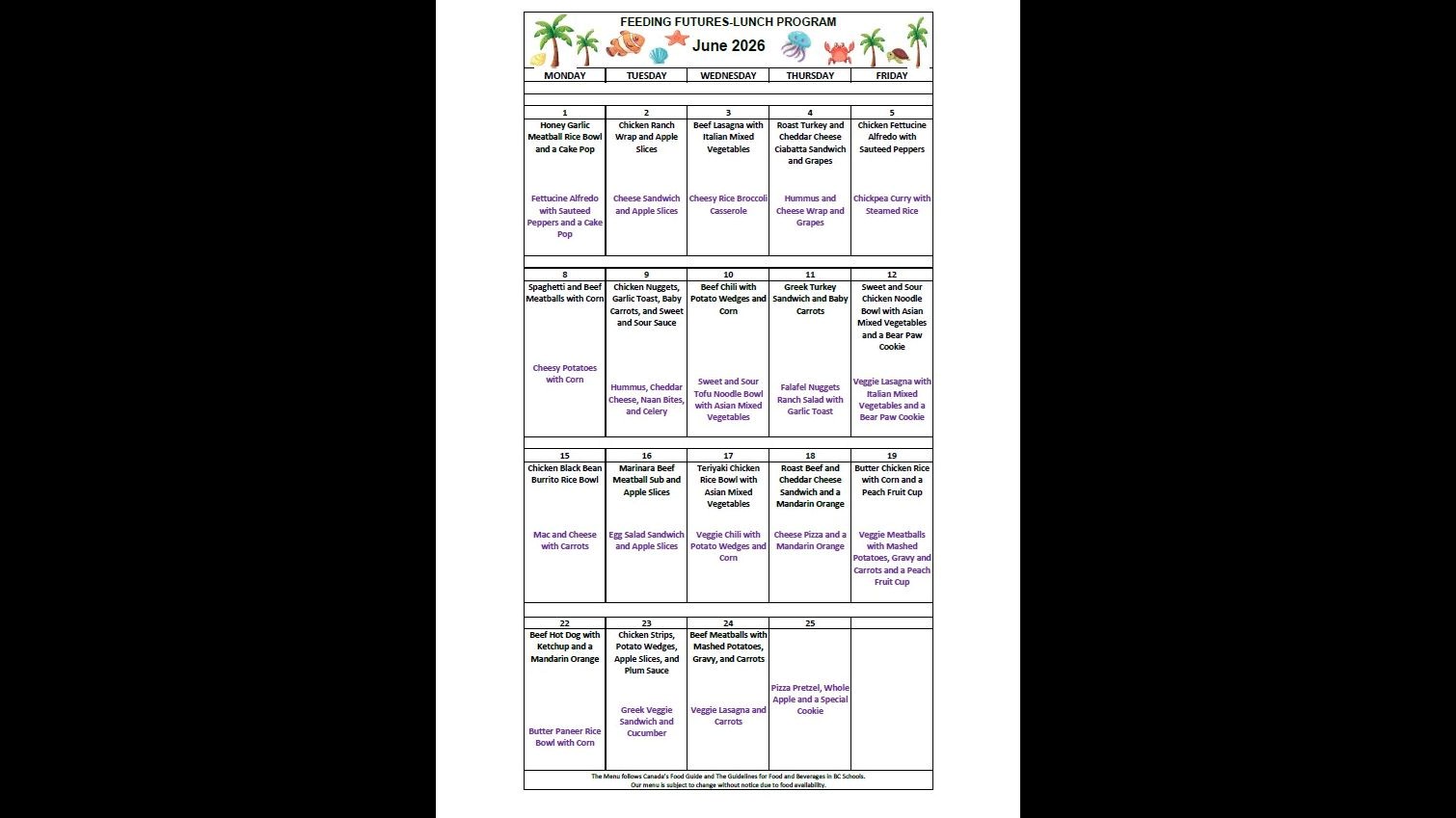 Feeding Futures Lunch Program - June menu - 
