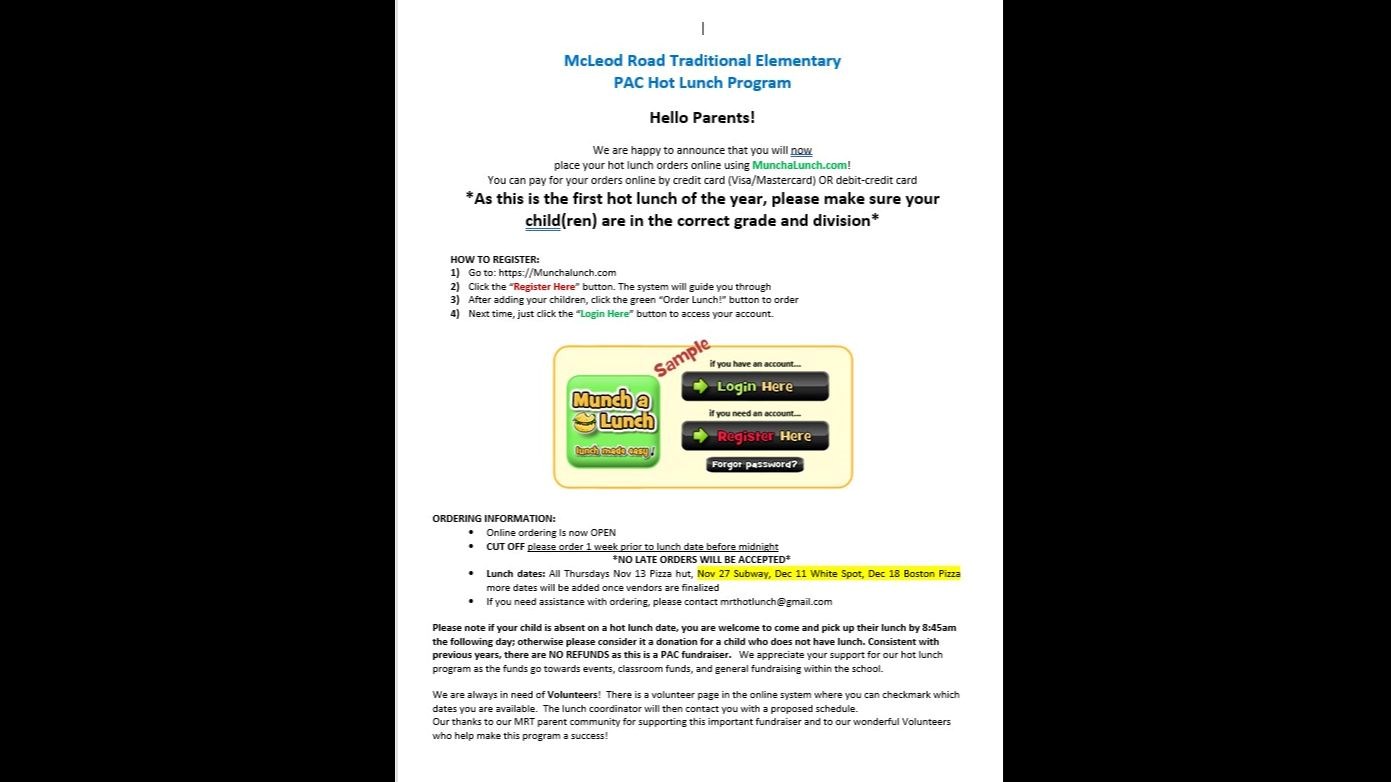 MRT PAC Hot Lunch Info