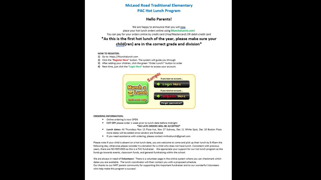 Munch-A-Lunch is now open for Hot Lunch Orders!