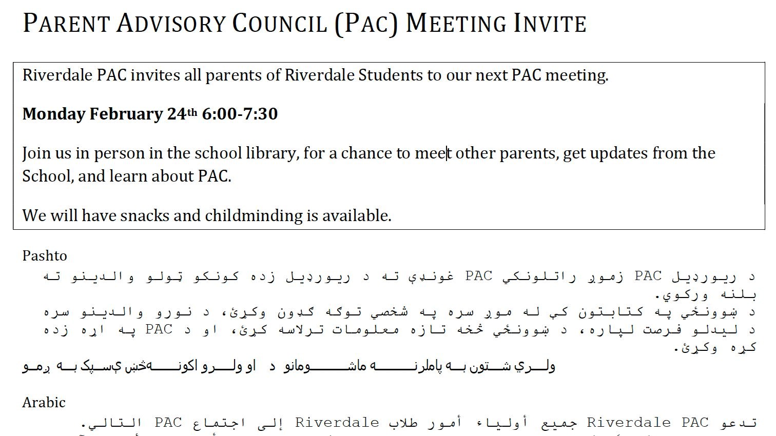 PAC Meeting - Monday, February 24th at 6:00pm IN PERSON