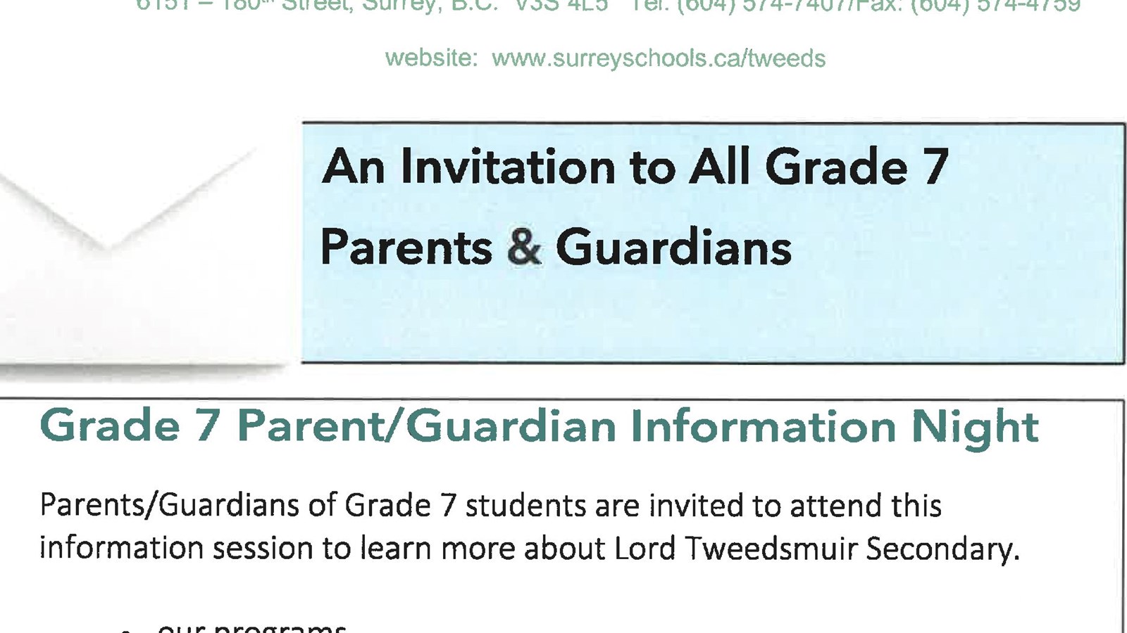 Grade 7 Parent Night - February 18th 6:00pm