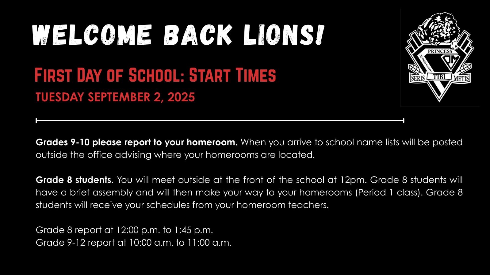 First Day of School: Start Times – Princess Margaret Secondary
