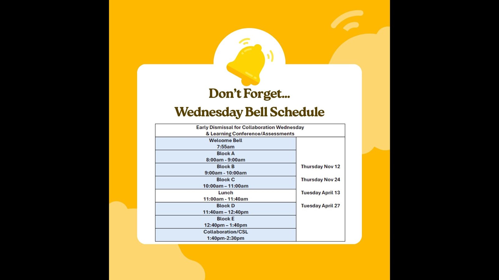 Wednesday's Bell Schedule
