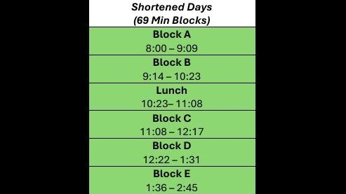 Monday Oct. 26 - Shortened Day Schedule