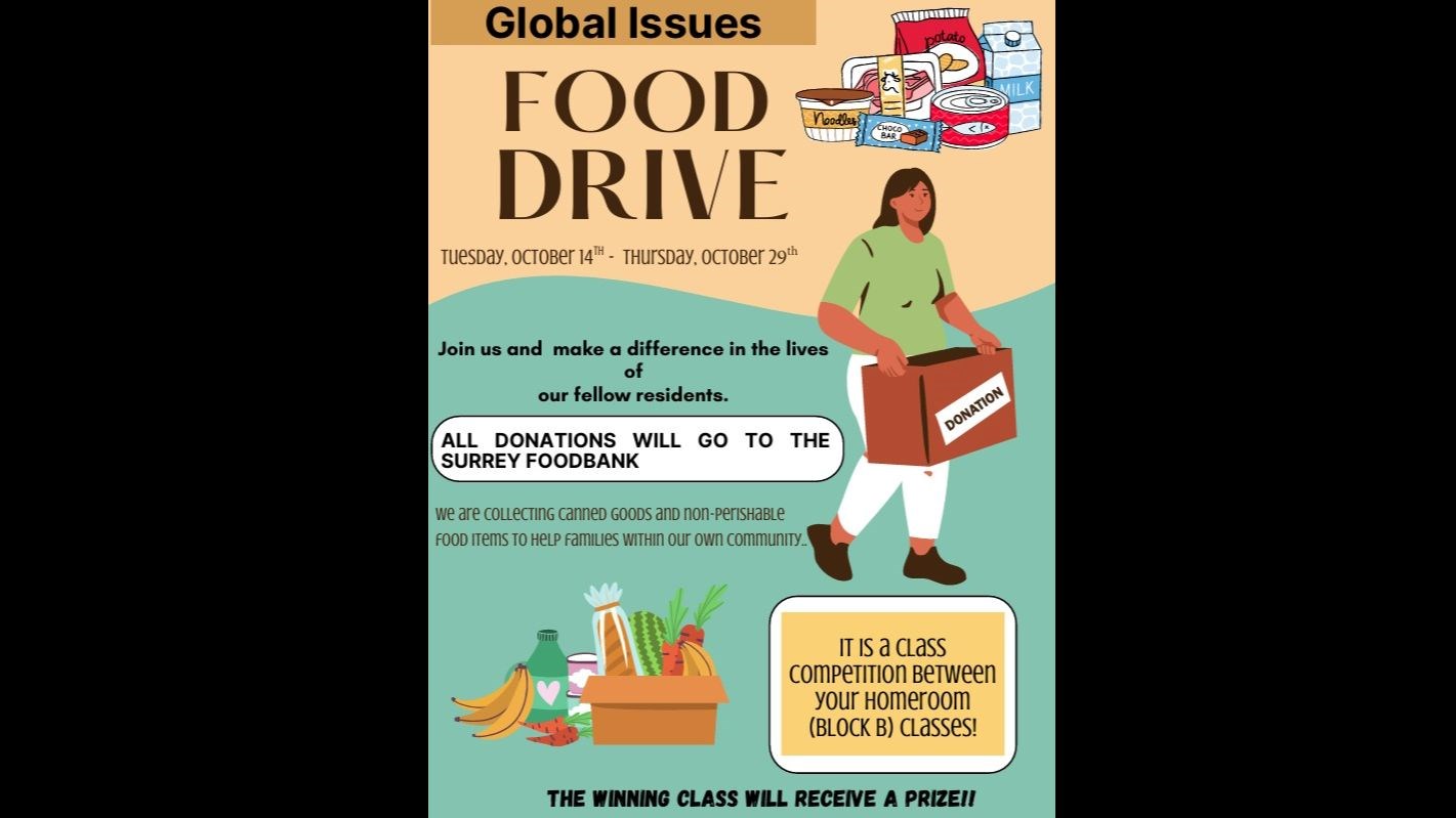 Global Issues Food Drive - Collecting until October 29 - Box in your Block B Class