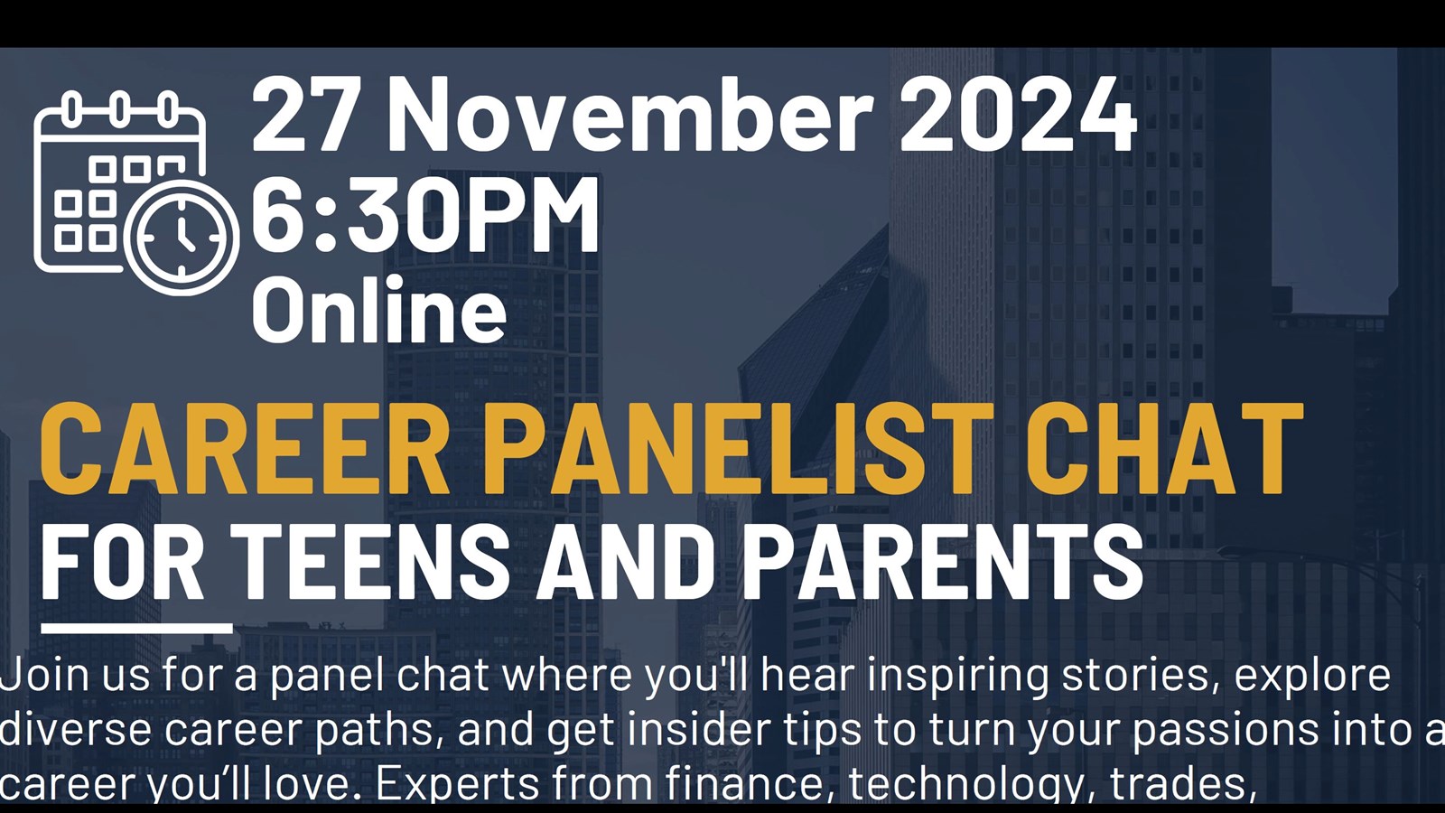 Virtual Career Panelist Chat for Teens & Parents November 27 @ 6:30pm