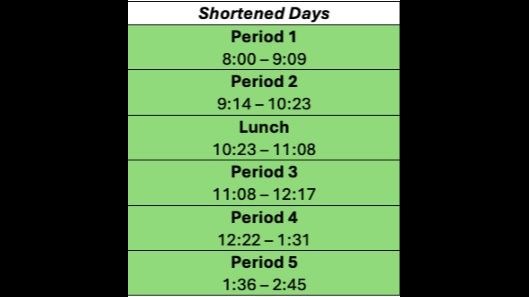 Monday November 24th - Shortened School Day